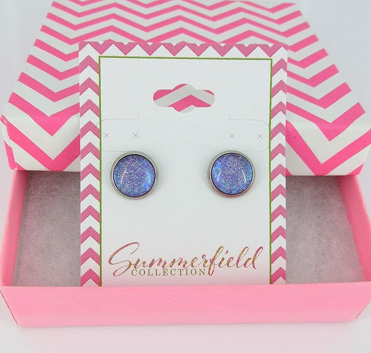 Summerfield Collection Stainless Steel Blue Purple Glitter Glass Stud Earrings Hand-painted 10mm