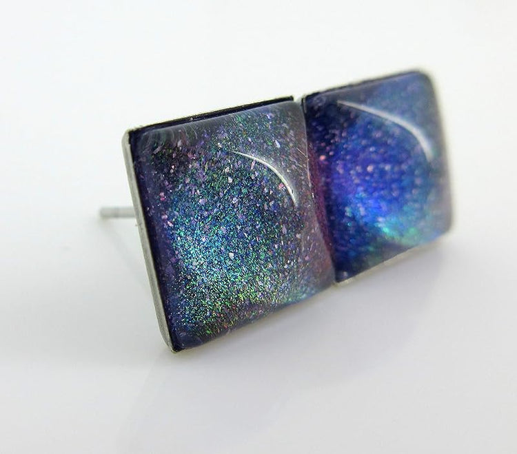 Summerfield Collection Stainless Steel Purple and Rainbow Glitter Glass Stud Earrings Hand-painted Square 10mm