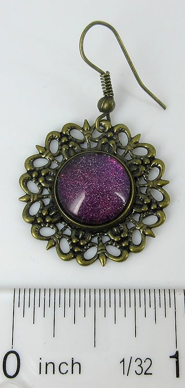 Summerfield Collection Antiqued Gold-tone Purple Glitter Glass Medallion Dangle Earrings Hand-painted