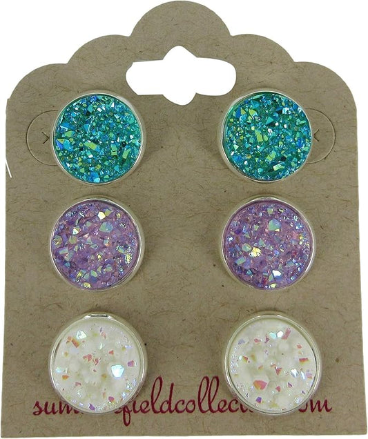 Summerfield Collection Trio Silver-tone Stud Earrings Faux Druzy Stone Sea Blue Lavender AB White Set 12mm
