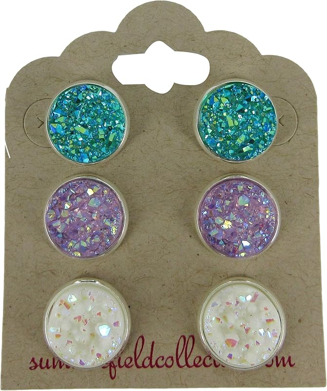 Summerfield Collection Trio Silver-tone Stud Earrings Faux Druzy Stone Sea Blue Lavender AB White Set 12mm