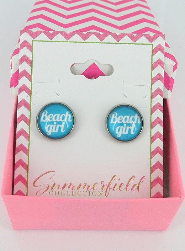 Summerfield Collection Stainless Steel Print Glass Stud Earrings 12mm (Beach Girl)