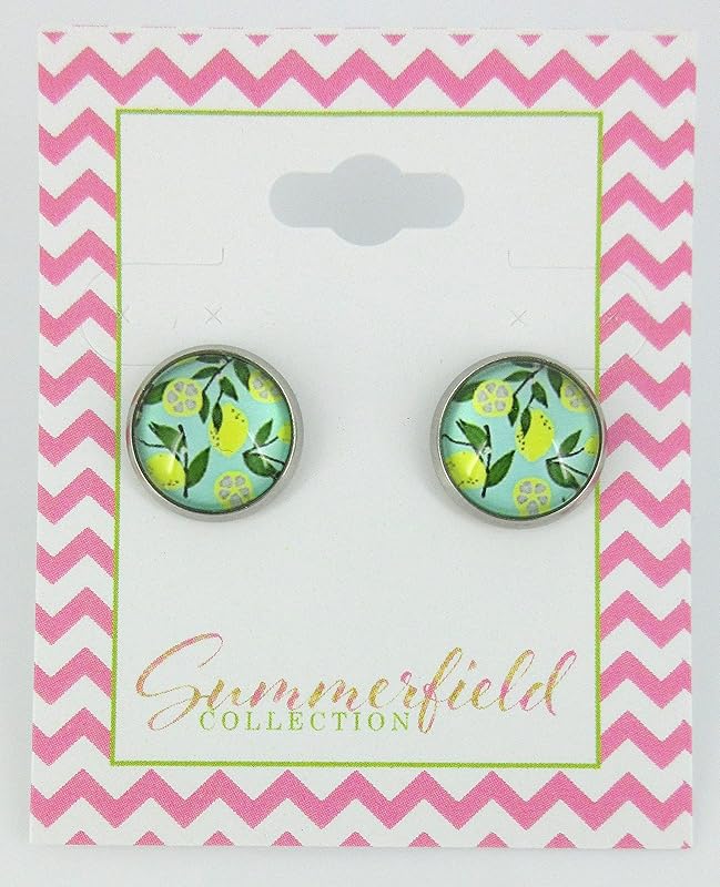 Summerfield Collection Stainless Steel Lemon Fruit Print Glass Stud Earrings 12mm Green and Yellow