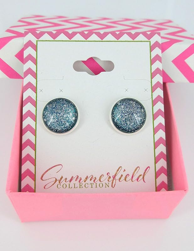 Summerfield Collection Silver-tone Twinkle Glitter Glass Galaxy Stud Earrings Hand-painted 12mm (Teal Green/Blue)