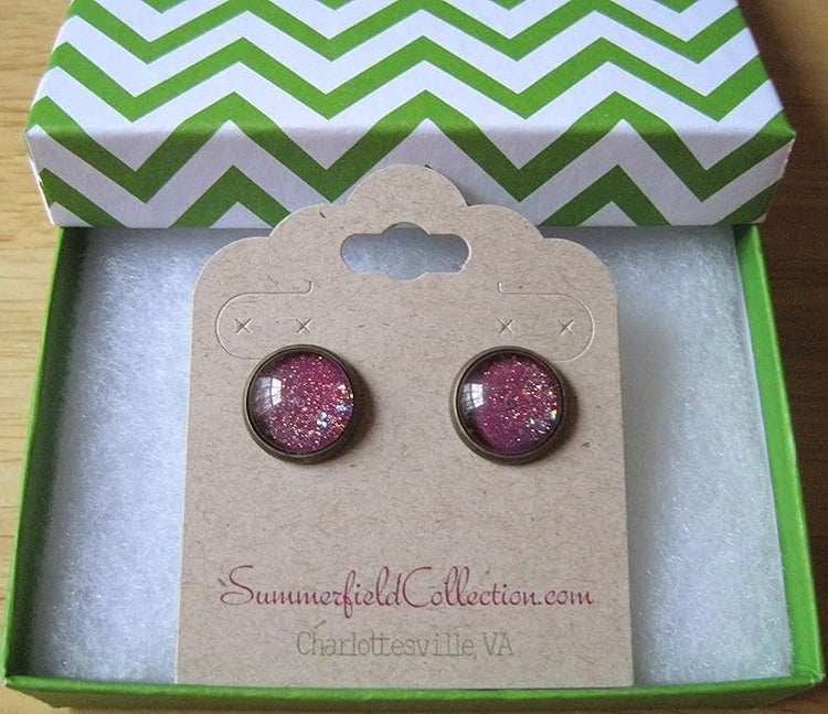 Summerfield Collection Antiqued Gold-tone Plum Berry Purple Glitter Glass Galaxy Stud Earrings 12mm Hand-painted