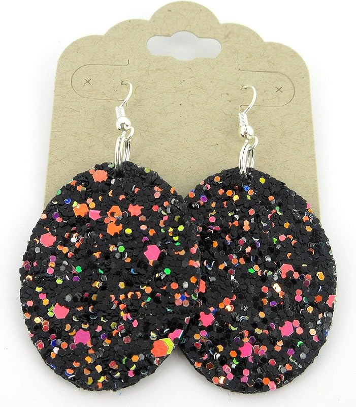 Summerfield Collection Silver-tone Glitter Faux Leather Oval Dangle Earrings (Black and Rainbow)