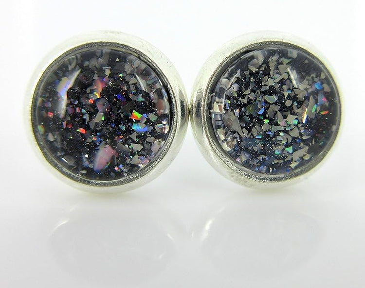 Summerfield Collection Silver-tone Black and Silver Flake Glitter Glass Stud Earrings Hand-painted 8mm