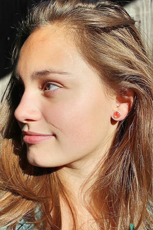 Summerfield Collection Shiny Silver-tone Opalescent Leaf Resin Stud Earrings 8mm (Red/Orange)