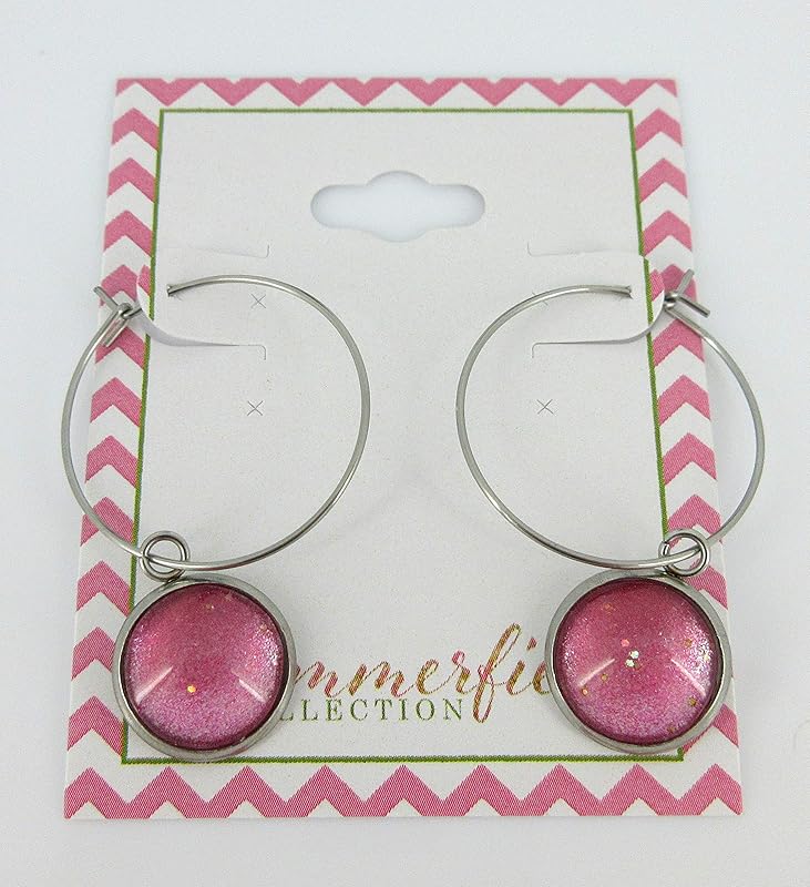 Summerfield Collection Stainless Steel Pink and Silver Glitter Glass Charm Hoop Earrings Hand-painted 1"