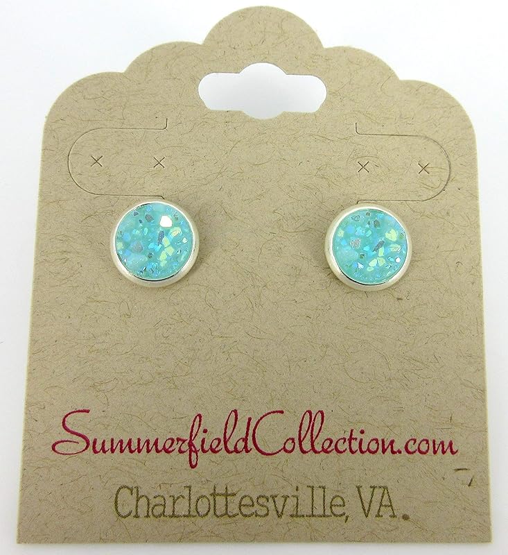 Summerfield Collection Silver-tone Pastel AB Faux Druzy Stone Stud Earrings 8mm (Aqua Blue)
