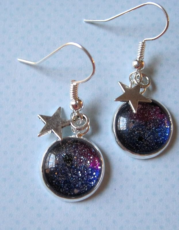 Summerfield Collection Silver-tone Glitter Glass Star Charm Galaxy Dangle Earrings Blue Purple Teal Hand-painted