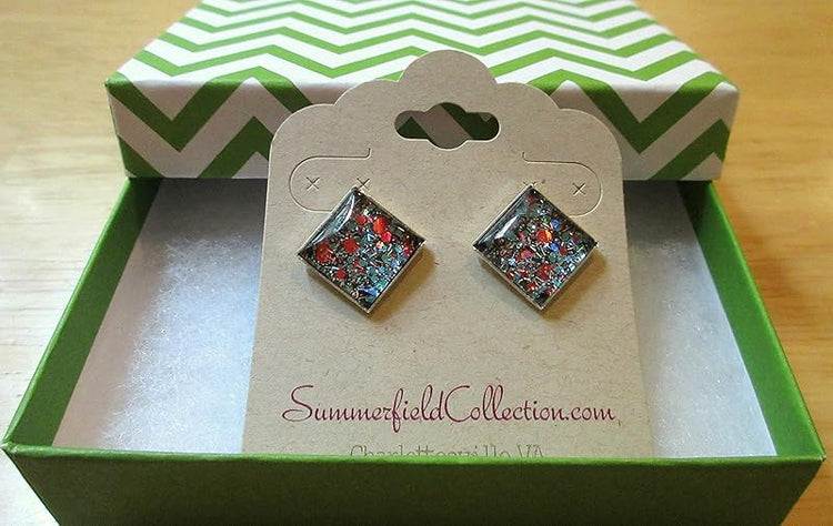 Summerfield Collection Silver-tone Aqua Blue and Red Glitter Glass Stud Earrings Hand-painted Square 12mm