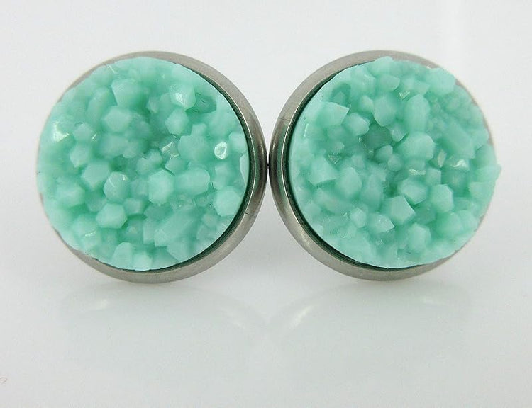 Summerfield Collection Duo Stud Earrings Stainless Steel Sweet Mint Green Faux Druzy Stone and Flamingo Print Glass 12mm Set