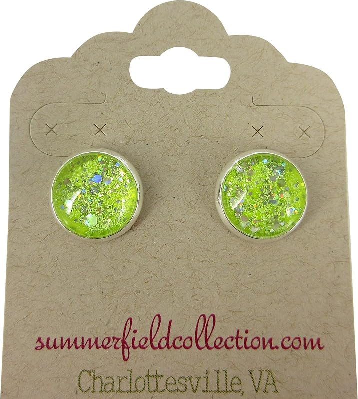 Summerfield Collection Silver-tone Neon Yellow Green Glitter Glass Stud Earrings Hand-painted 12mm