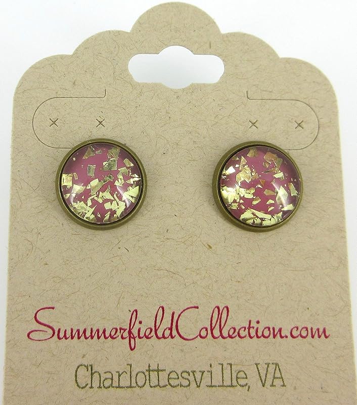 Summerfield Collection Antiqued Gold-tone Plum Berry Glitter Glass Stud Earrings 12mm Hand-painted
