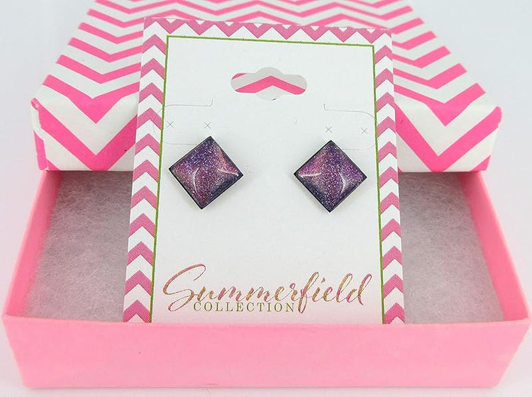 Summerfield Collection Stainless Steel Purple and Rainbow Glitter Glass Stud Earrings Hand-painted Square 10mm