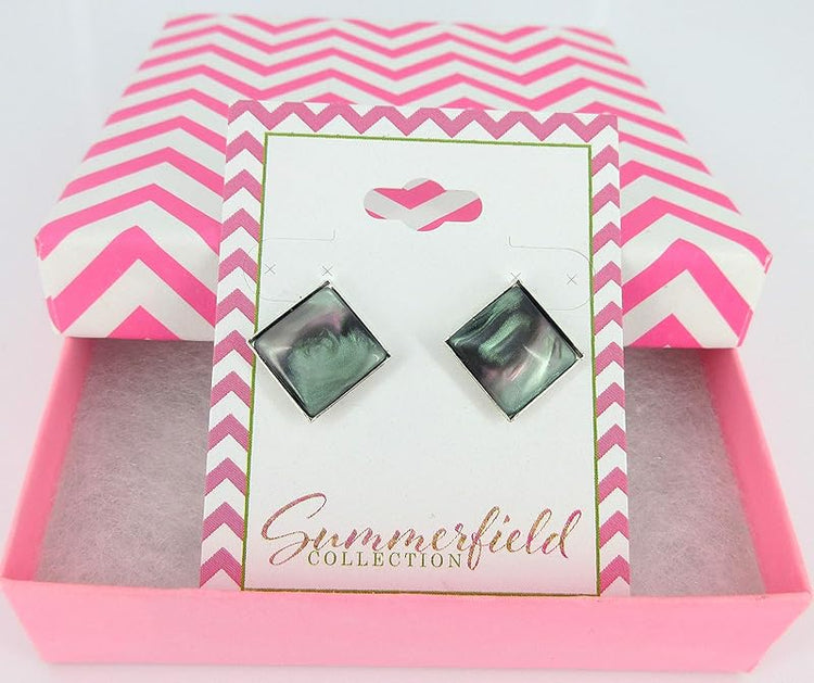 Summerfield Collection Silver-tone Faux Stone Resin Geometric Square Stud Earrings 12mm Mystical Gray Pink