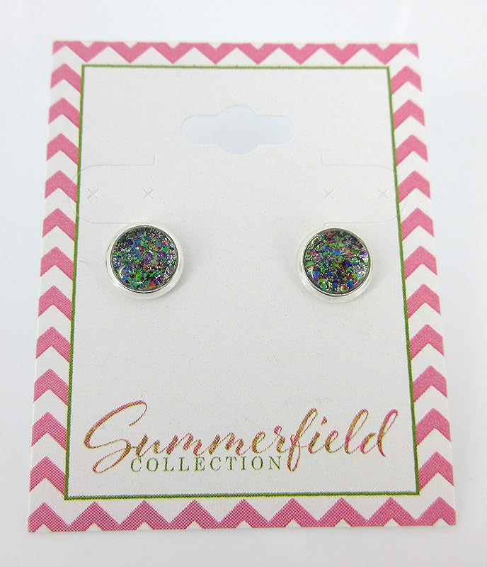 Summerfield Collection Silver-tone Dark Rainbow Glitter Glass Stud Earrings Hand-painted 8mm