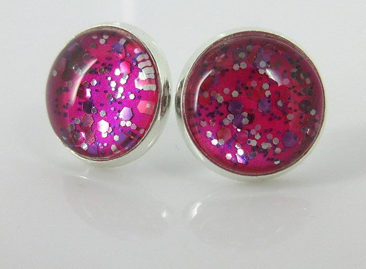Summerfield Collection Silver-tone Fuchsia Pink and Purple Glitter Glass Stud Earrings Hand-painted 12mm