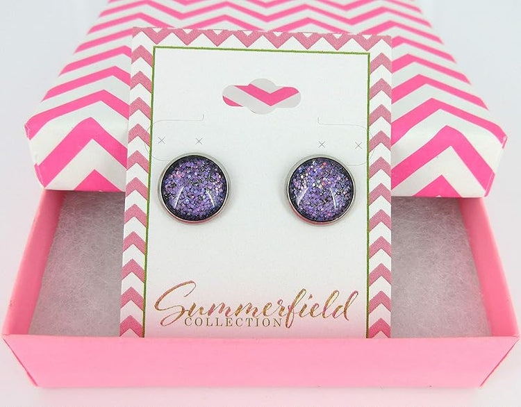 Summerfield Collection Stainless Steel Purple Holographic Glitter Glass Stud Earrings Hand-painted 12mm