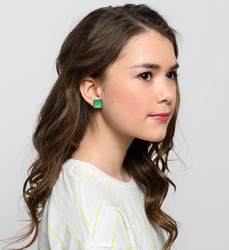 Summerfield Collection Geometric Square Shaped Flat Faux Druzy Stud Earrings 12mm Statement Antiqued Gold-tone (Green)