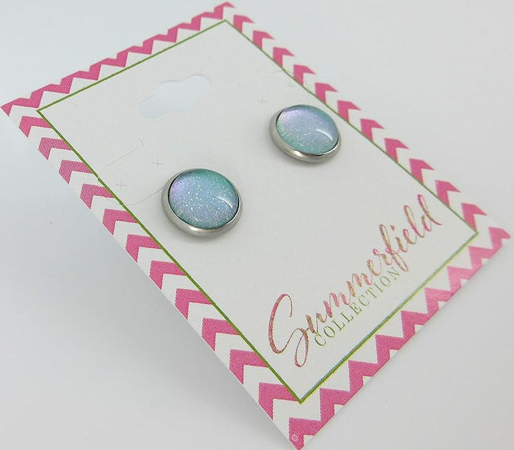 Summerfield Collection Stainless Steel Light Aqua Mint Glitter Glass Stud Earrings Hand-painted 10mm