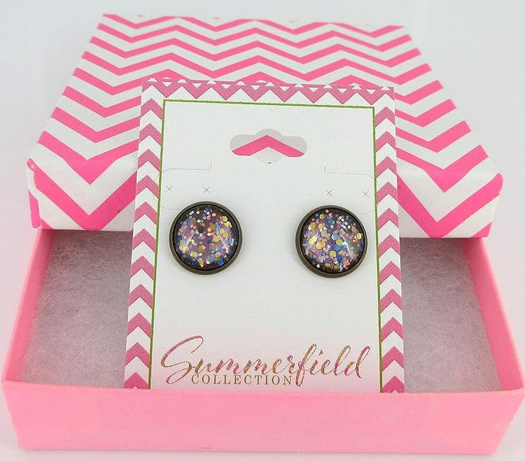 Summerfield Collection Antiqued Gold-tone Lavender Purple Glitter Glass Stud Earrings Hand-painted 12mm