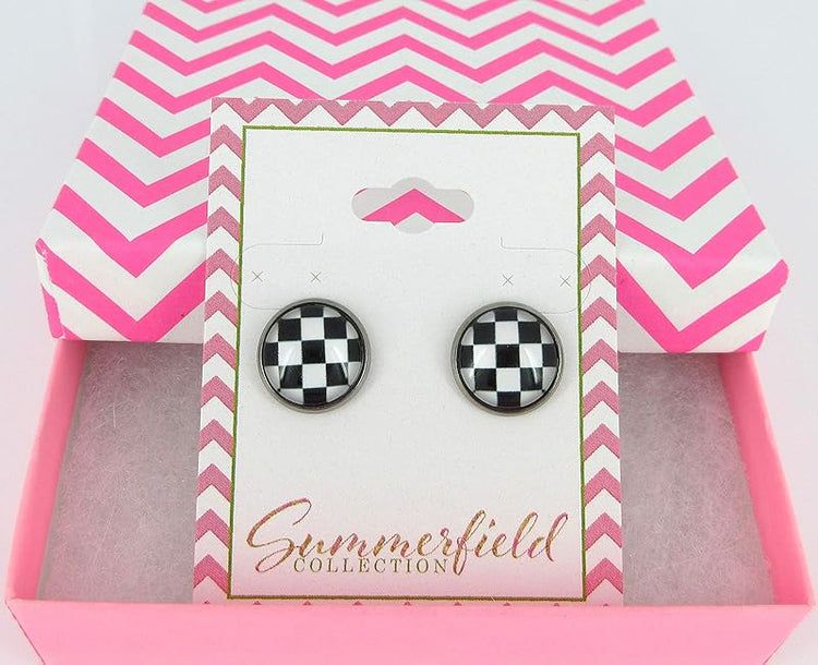 Summerfield Collection Stainless Steel Black and White Checkerboard Print Glass Stud Earrings 12mm