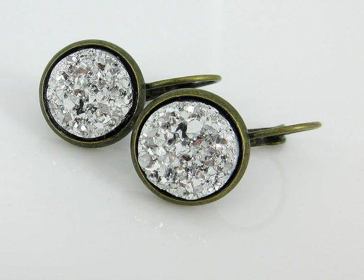 Summerfield Collection Antiqued Gold-tone Silver Faux Druzy Stone Lever-back Drop Earrings 12mm