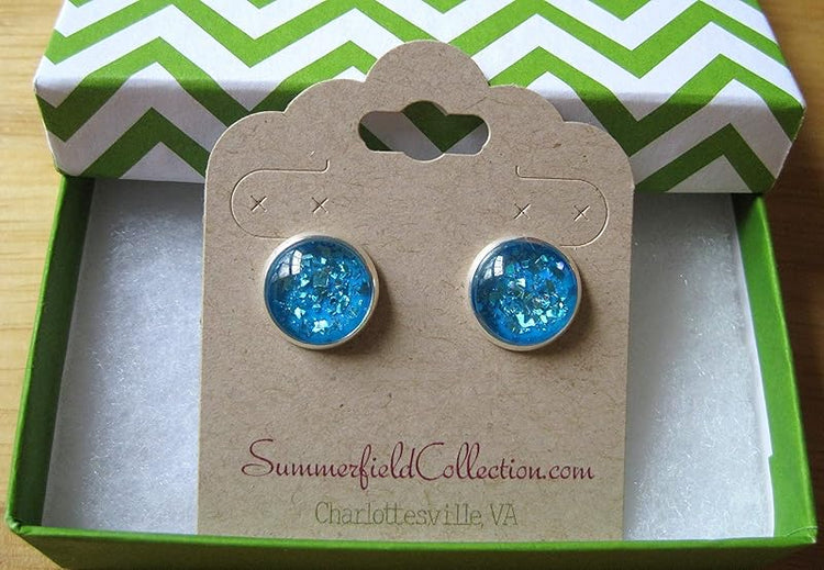 Summerfield Collection Silver-Tone Aqua Blue Shard Glitter Glass Stud Earrings 1/2" Round