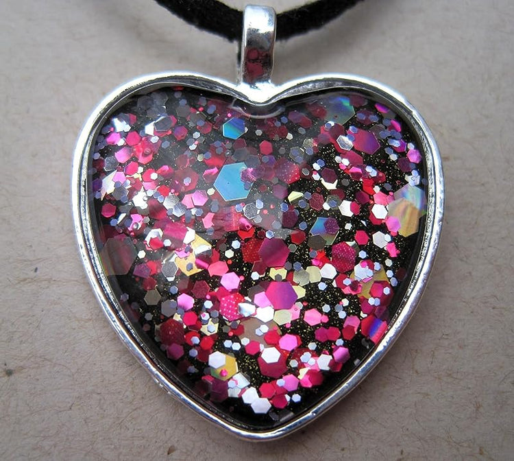 Summerfield Collection Silver-Tone Black and Pink Glitter Glass Heart Pendant Necklace Faux Suede Cord