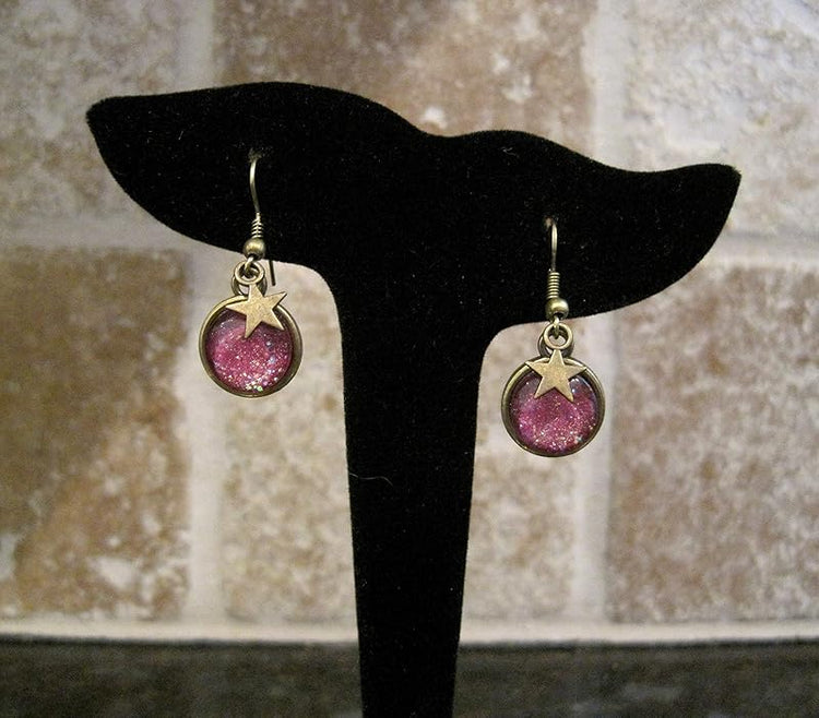 Summerfield Collection Antiqued Gold-tone Glitter Glass Star Charm Galaxy Dangle Earrings Plum Berry Purple Hand-painted