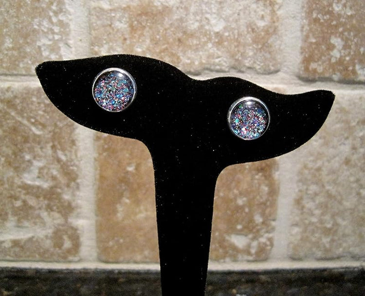 Summerfield Collection Silver-tone Blue Purple Pink Glitter Glass Stud Earrings 12mm Hand-painted