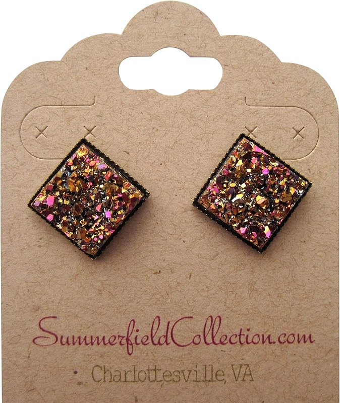 Summerfield Collection Metallic Gold and Pink Geometric Square Shaped Chunky Faux Druzy Stud Earrings 12mm Statement