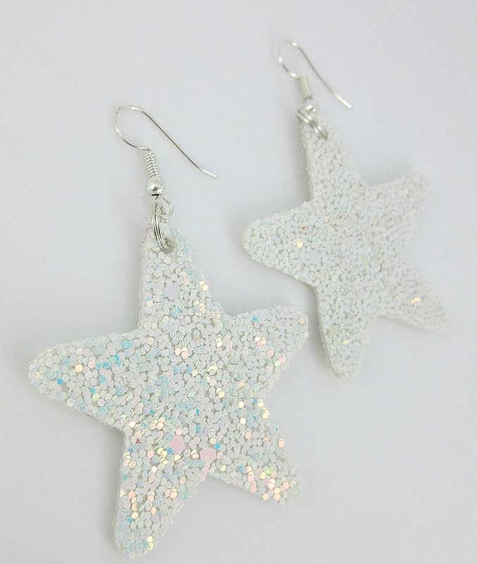 Summerfield Collection Glitter Faux Leather Large Star Dangle Earrings (White with Pink and Lt Blue)