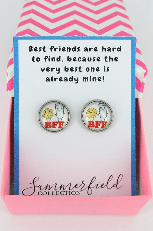 Summerfield Collection Stainless Steel Best Friends Print Glass Stud Earrings 12mm (Milk and Cookies)