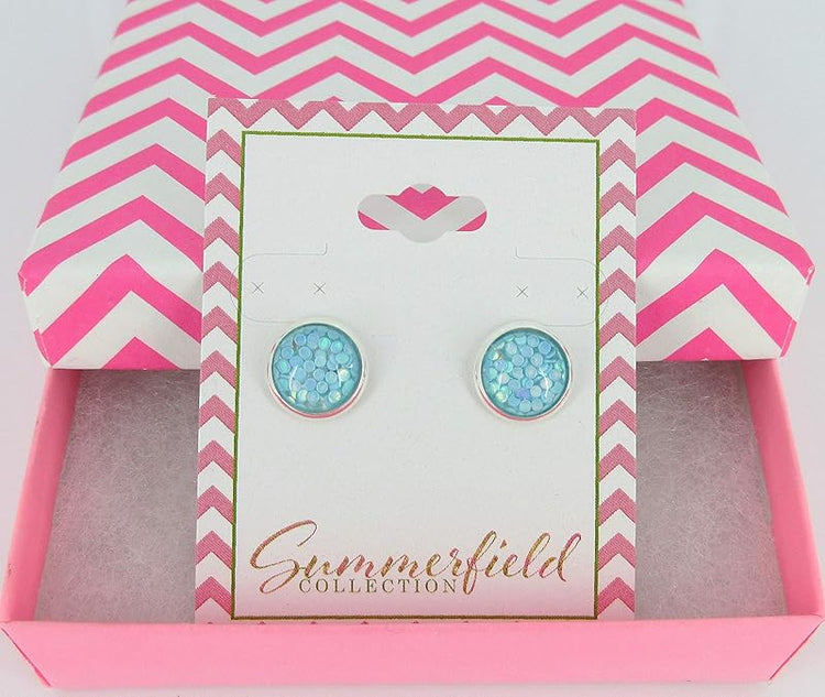 Summerfield Collection Shiny Silver-tone Iridescent Glitter Resin Stud Earrings 10mm (Sky Blue)