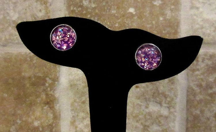 Summerfield Collection Silver-tone Purple Shard Glitter Glass Stud Earrings Hand-painted 12mm