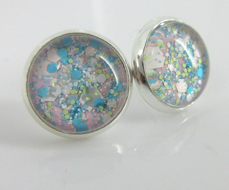 Summerfield Collection Silver-tone Pink Aqua Blue White and Lime Green Glitter Glass Stud Earrings Hand-painted 12mm