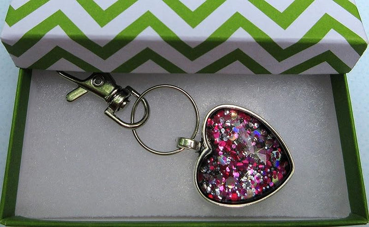 Summerfield Collection Antiqued Silver-tone Pink and Black Glitter Glass Heart Keychain Hand-painted