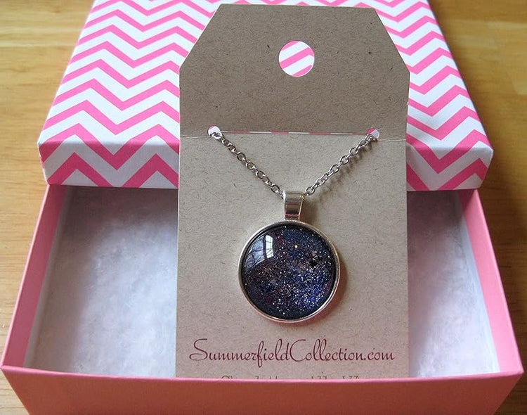 Summerfield Collection Silver-tone Hand-painted Glitter Glass Galaxy Pendant Necklace 20" Chain Stainless Steel