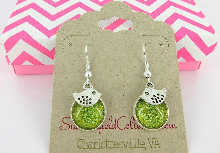 Summerfield Collection Silver-tone Yellow Green Glitter Glass Bird Charm Dangle Earrings Hand-painted