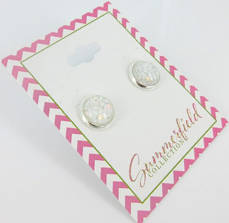 Summerfield Collection Shiny Silver-tone White Iridescent Glitter Resin Stud Earrings 10mm