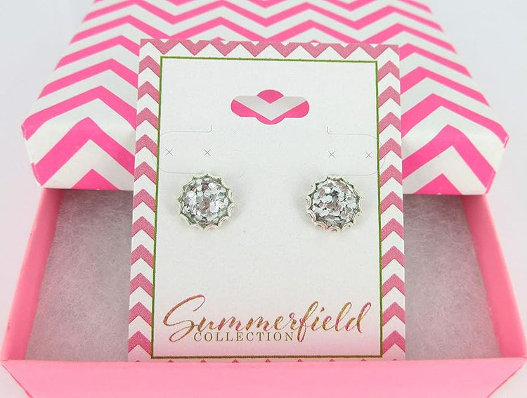 Summerfield Collection Shiny Silver-tone Metallic Glitter Resin Stud Earrings 10mm