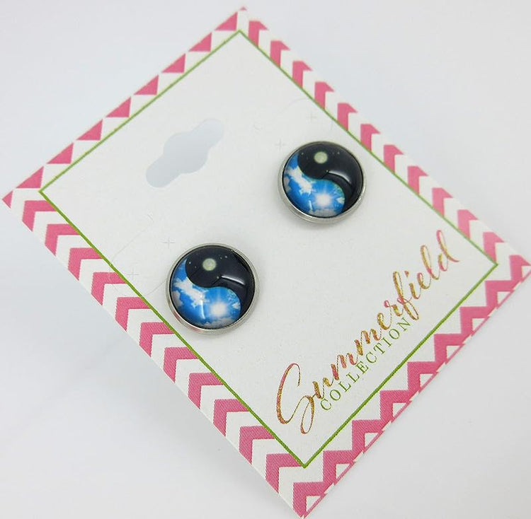 Summerfield Collection Stainless Steel Sky Blue and Black Day Night Yin Yang Print Glass Stud Earrings 12mm
