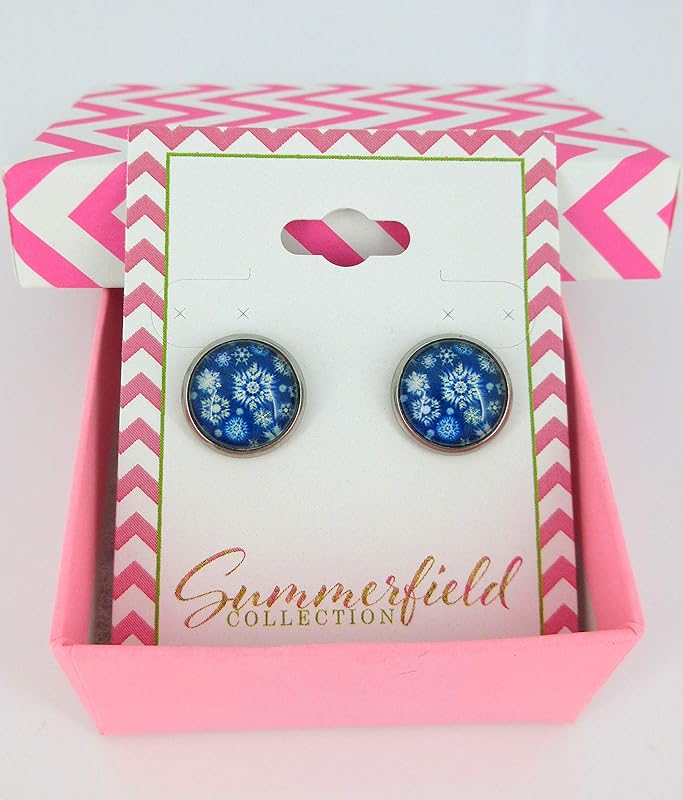 Summerfield Collection Stainless Steel Snowflake Print Glass Stud Earrings 12mm