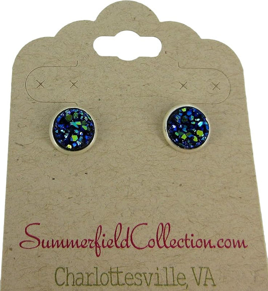 Summerfield Collection Silver-tone Metallic Faux Druzy Stone Stud Earrings 8mm (Blue)