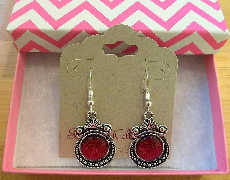 Summerfield Collection Antiqued Silver-tone Metallic Red Glitter Glass Dangle Earrings Hand-painted