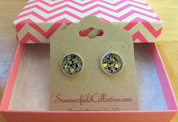 Summerfield Collection Silver-tone Gray Black Yellow Multi Color Glitter Glass Stud Earrings Hand-painted 12mm