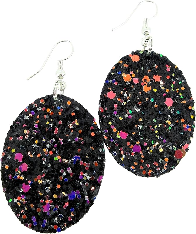 Summerfield Collection Silver-tone Glitter Faux Leather Oval Dangle Earrings (Black and Rainbow)